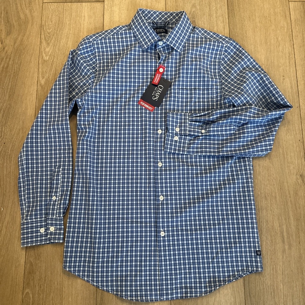 Chaps Men's Performance 4 Way Stretch L/S Button Shirt Blue Plaid Classic Small - Picture 2 of 8